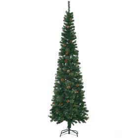 7.5 Foot Pencil Artificial Christmas Tree, Slim Pine Needles Xmas Tree with Realistic Branches, Pine Cones, Metal Base, Green